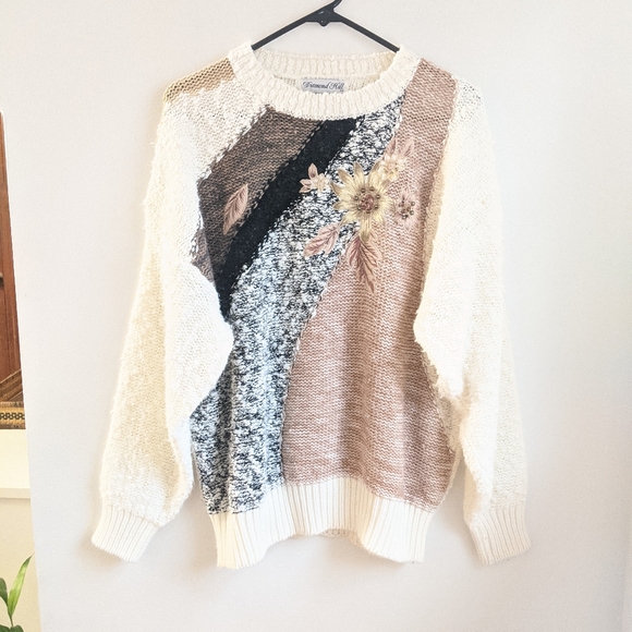 Vintage Sweaters - Vintage 90s Floral/Striped Oversized Knit Sweater